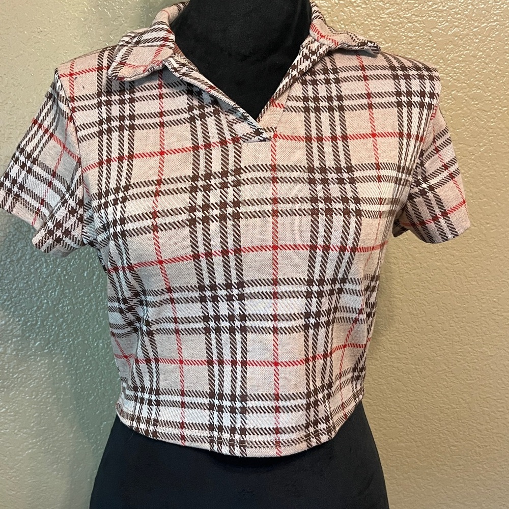 Try This! Plaid Collared Crop Top Size Large